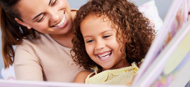 Learning,,Book,And,Mother,With,Daughter,In,Bedroom,For,Storytelling,