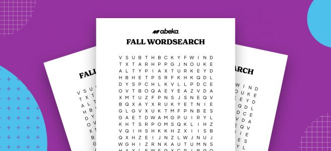Three printed-out word puzzles labeled “Fall Wordsearch” from Abeka. The background is purple with blue and white designs.