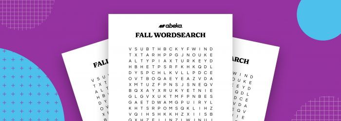 Three printed-out word puzzles labeled “Fall Wordsearch” from Abeka. The background is purple with blue and white designs.