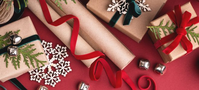Christmas,Gift,Boxes,,Velvet,Ribbons,,Rolls,Of,Wrapping,Paper,And